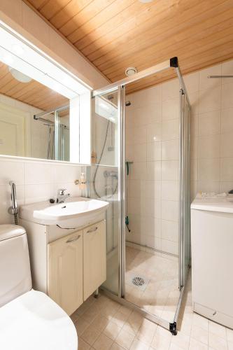 a bathroom with a shower and a sink and a toilet at Moonlight 310 Visit Levi in Levi