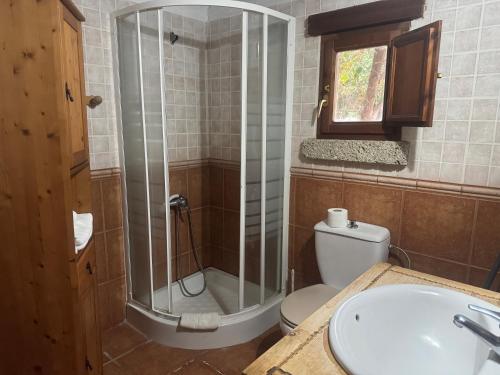 a bathroom with a shower and a toilet and a sink at Casa Mercedes in El Río