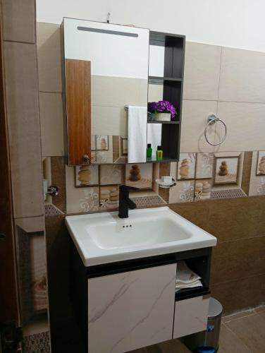 a bathroom with a white sink and a mirror at Villa Aanya in Katunayake