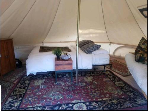a room with two beds in a tent at Glamping Bell Tent Escape on Palomar Mountain in Pauma Valley