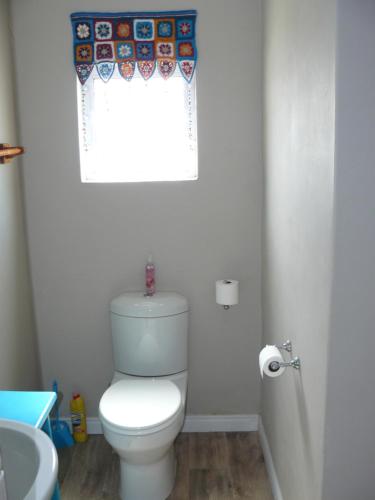a bathroom with a white toilet and a window at House of 2 Oceans in Agulhas