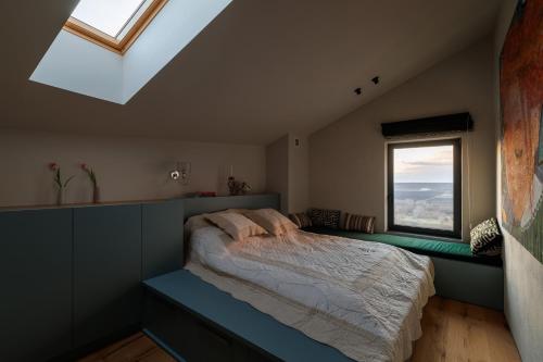 a bedroom with a bed and a window at Two Doves House in Pohrebea