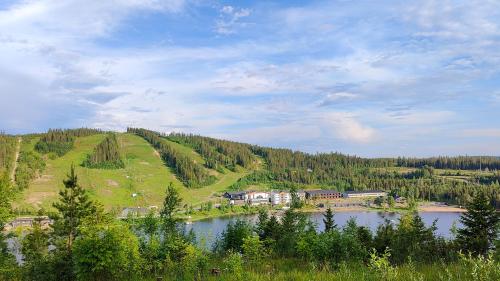 a view of a river with a house on a hill at Lomahuoneisto Skivillas 26 B 6 in Ukkohalla