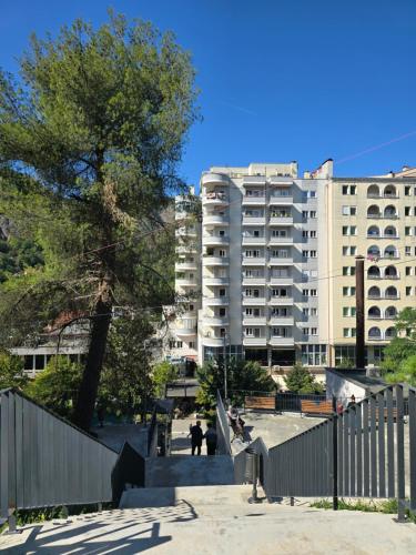 a large white building with a tree in front of it at Duka Apartment in Librazhd
