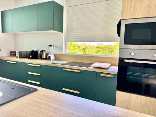 a kitchen with green cabinets and a window at Villa TULIA in Sainte-Luce