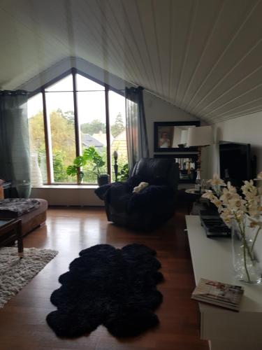 a living room with a black rug on the floor at Studiolägenhet i villa in Huddinge