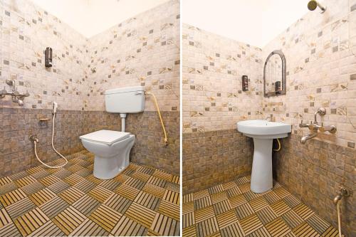 two pictures of a bathroom with a toilet and a sink at FabHotel Royal Lagoon - Near railway station gate number 1 in Bhubaneshwar