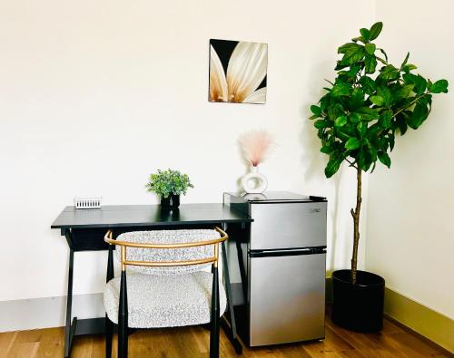 a desk with a refrigerator and a plant in a room at Modern New Studio Cozy&Prime Location in North Sherman Way