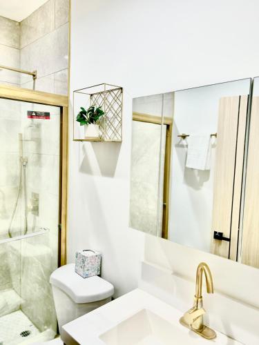a bathroom with a sink and a toilet and a mirror at Modern New Studio Cozy&Prime Location in North Sherman Way