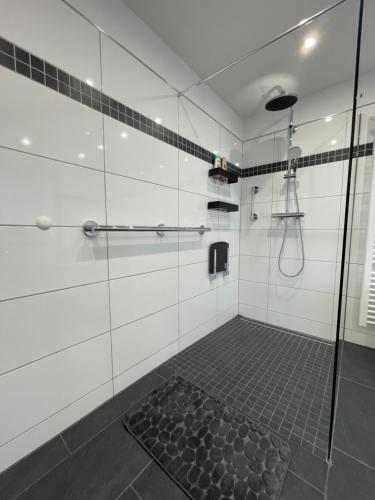 a bathroom with a shower with a glass door at Ferienwohnung Michena in Waldshut-Tiengen