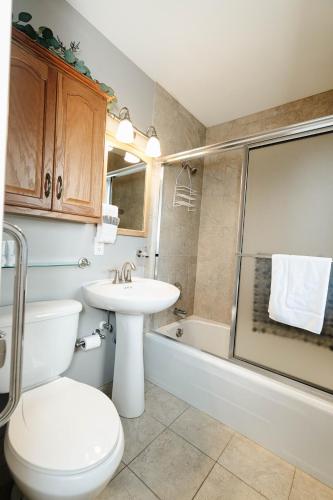 a bathroom with a toilet and a sink and a shower at Sonlit Retreats in Skyline