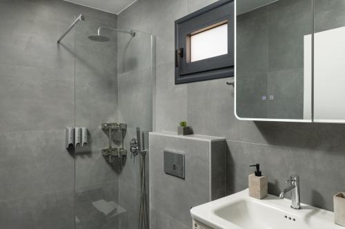 a bathroom with a shower and a sink and a mirror at LUV Group of 4 Villas in Kathiana in Kathiana