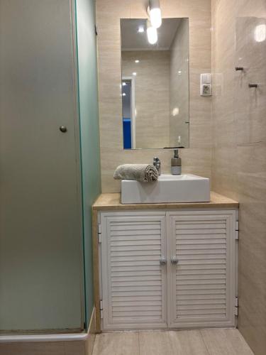 a bathroom with a sink and a mirror at For4Apartment in Bicas