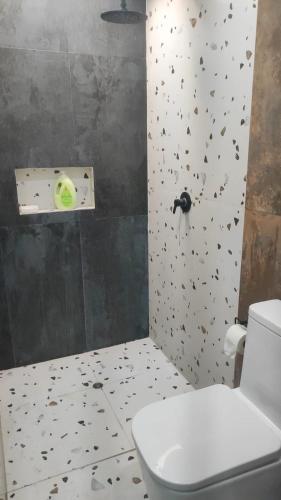 a bathroom with a toilet and a wall covered in rocks at Departamento para PERUMIN AREQUIPA in La Apacheta