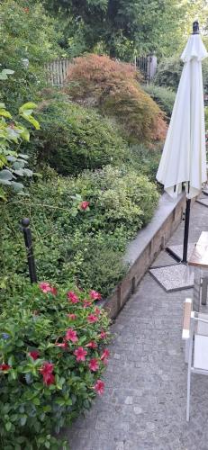 an umbrella sitting next to a garden with flowers at B&B Montisclari in Monchiero