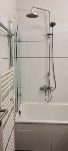 a shower in a bathroom with a tub and a shower head at Erholungskanzel in Treffen