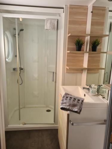 a bathroom with a shower and a sink at Mobil home 6p à Lacanau Océan in Lacanau