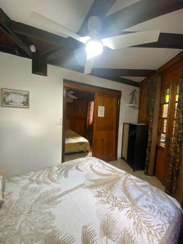 a bedroom with a bed and a ceiling fan at Chambres d'hôtes du domaine des doudous in Saint-Pierre