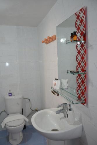 a bathroom with a toilet and a sink and a mirror at La Belle Vue Guest House in Aït Ben Haddou