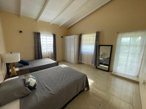 a bedroom with two beds and a mirror at Hibiscus Apartment in Corinthe