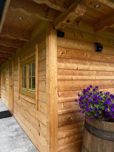 a wooden cabin with a window and a flower pot at Chatka przy lesie Roztocze Szewnia Dolna 74 22-442 in Szewnia