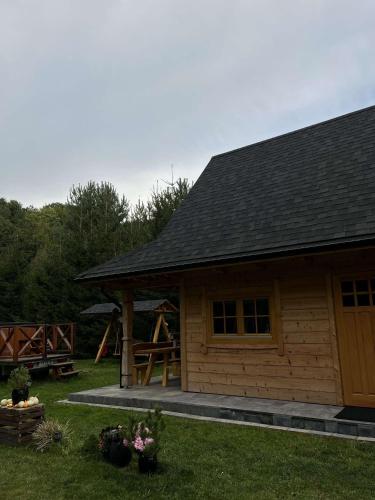 a wooden cabin with a playground in the yard at Chatka przy lesie Roztocze Szewnia Dolna 74 22-442 in Szewnia
