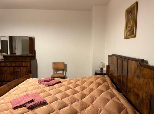 Mountain home with sauna في سوتريو: غرفة نوم بسرير كبير عليها مناشف وردية