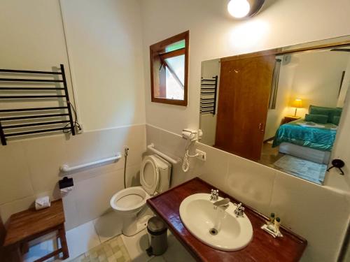 a bathroom with a sink and a toilet and a mirror at Pousada Hortelã in Campos do Jordão