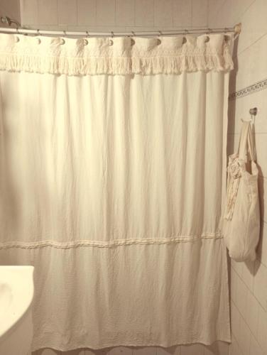 a white shower curtain in a bathroom with a sink at Areco en lo de Lily in San Antonio de Areco