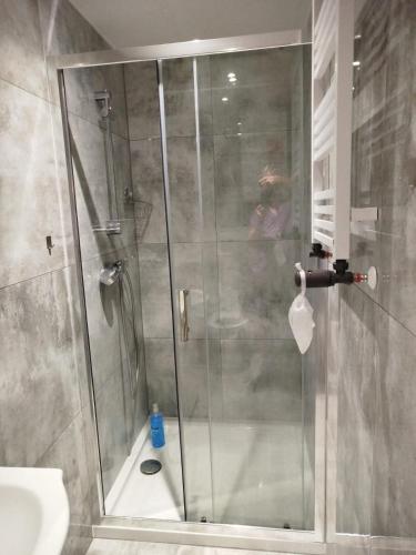 a shower with a glass door in a bathroom at Apartament A2, City of Grudziadz 54m WiFi in Grudziądz