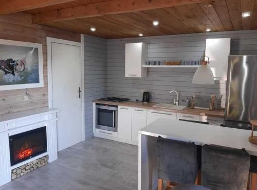 a kitchen with a stove and a fireplace at Kameralny domek in Borsk