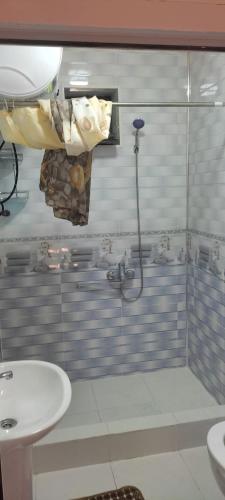 a bathroom with a shower and a sink at Firdavs guest house with mountainiring horse camel riding and hiking services in Yukary-Ukhum