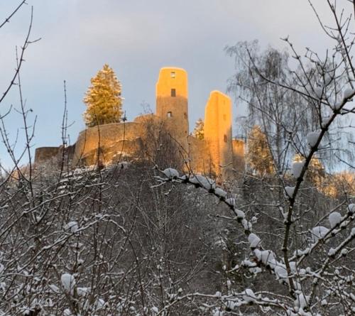 a castle on top of a hill in the snow at Ferienhaus Brigitte in Schönecken