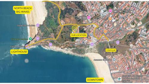 a map of a city with yellow dots at Nativo Big Wave Front Row - 1BR in Nazaré