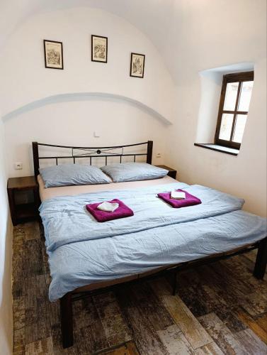 a bedroom with a bed with pink towels on it at Apartment B B B in Český Krumlov