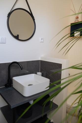 a bathroom with a white sink and a mirror at Gites les Pourquoi Pas - Résidence de Tourisme DSV Bayeux in Bayeux