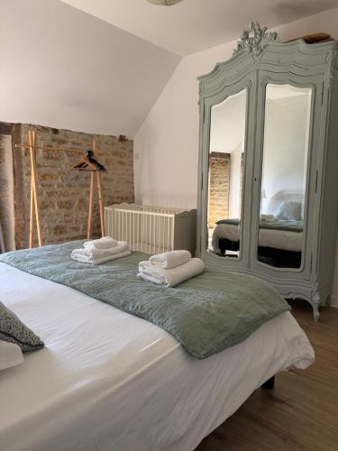 a bedroom with a large mirror and a bed at Gîte Le Domaine Des Faluns in Le Quiou