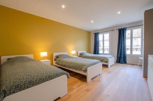a bedroom with two beds and two windows at Entre seine et vignes in Neuville-sur-Seine