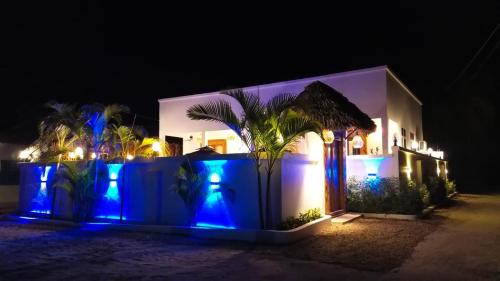 a house with blue lights on it at night at ZANZIBAR MAREA Luxury Villas in Kiwengwa