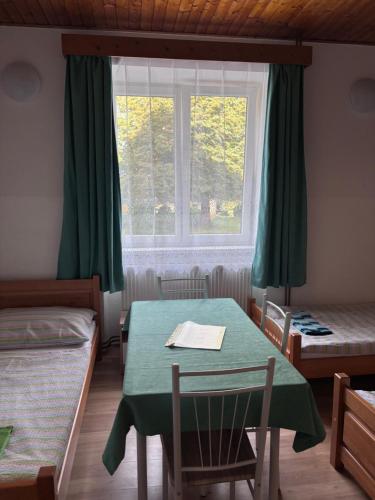 a room with a green table and a window at Ubytování Přimda in Přimda