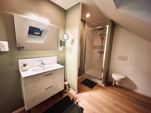 a bathroom with a sink and a shower and a toilet at Superb studio Malo-les-Bains in Dunkerque