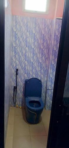 a blue toilet in a bathroom with a window at RÉSIDENCE NGUARy in Dakar