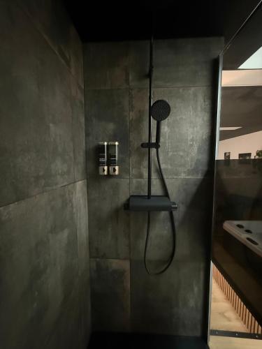 a shower in a bathroom with a shower head at Les lofts du Château de Posset in Teloché