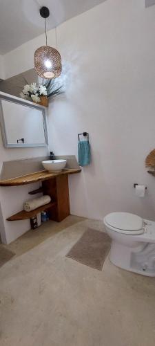 a bathroom with a white toilet and a sink at Casa Vista Pavones in Pavones