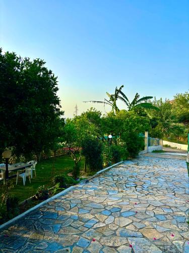 a stone walk way with a bench and trees at Aparments Ardi in Orikum