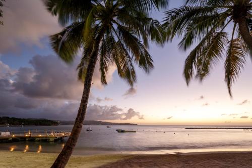 a couple of palm trees on the beach at sunset at Windjammer Landing Resort and Residences in Gros Islet
