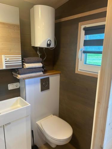 a bathroom with a white toilet and a window at Tiny House auf dem Lande in Hilders