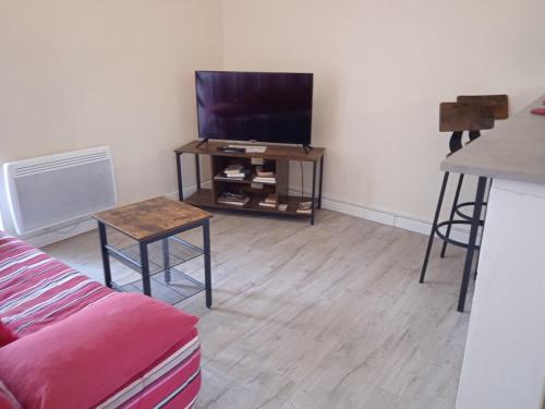a living room with a couch and a tv at Gite a Firmi in Firmi