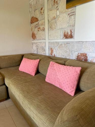 two pink pillows sitting on a brown couch at Seaside Dream Kallithea in Kallithea Halkidikis