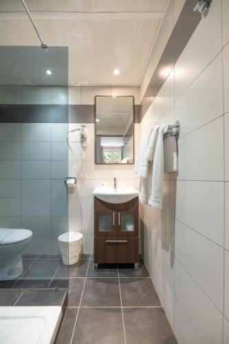 a bathroom with a sink and a toilet and a mirror at Le Vaita in Porto Ota
